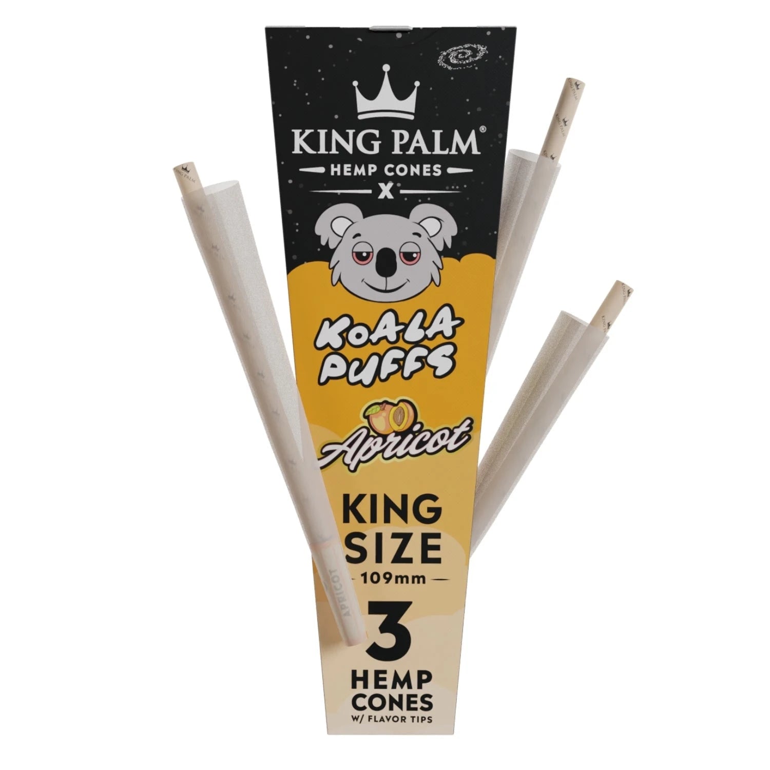 King Palm Hemp Cones Koala Puffs Apricot – geöffnete Hochformat-Verpackung in Schwarz-Gold mit Koala-Illustration und Aprikosen-Logo, 3 herausragende Hemp Cones King Size 109mm mit Flavor Tips